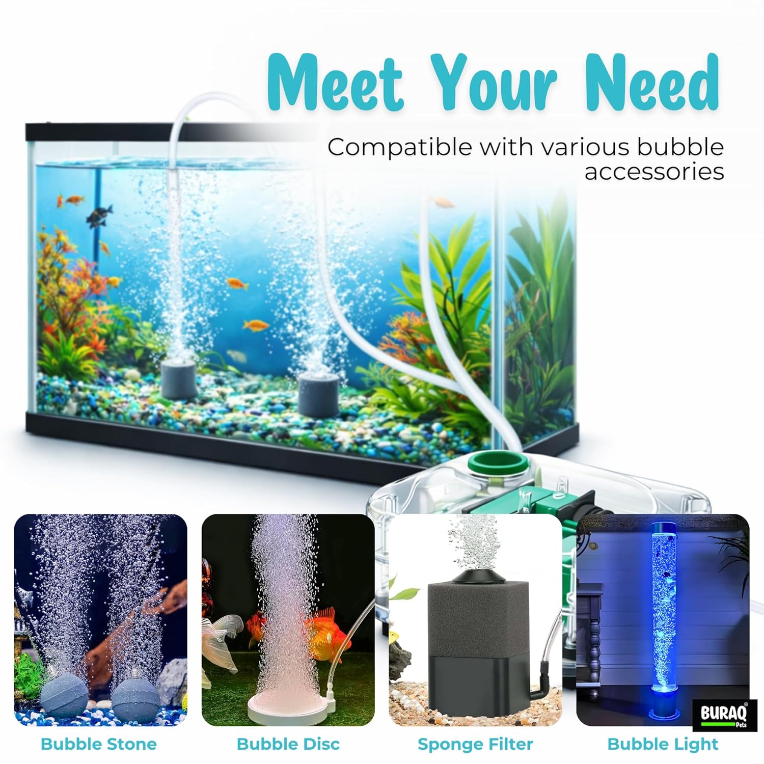 Ultra Silent Aquarium Air Pump 2 Way Dual Outlet with Adjustable Airflow for Fish Tanks 2M Tube & 2 Air Stones - BURAQ PETS