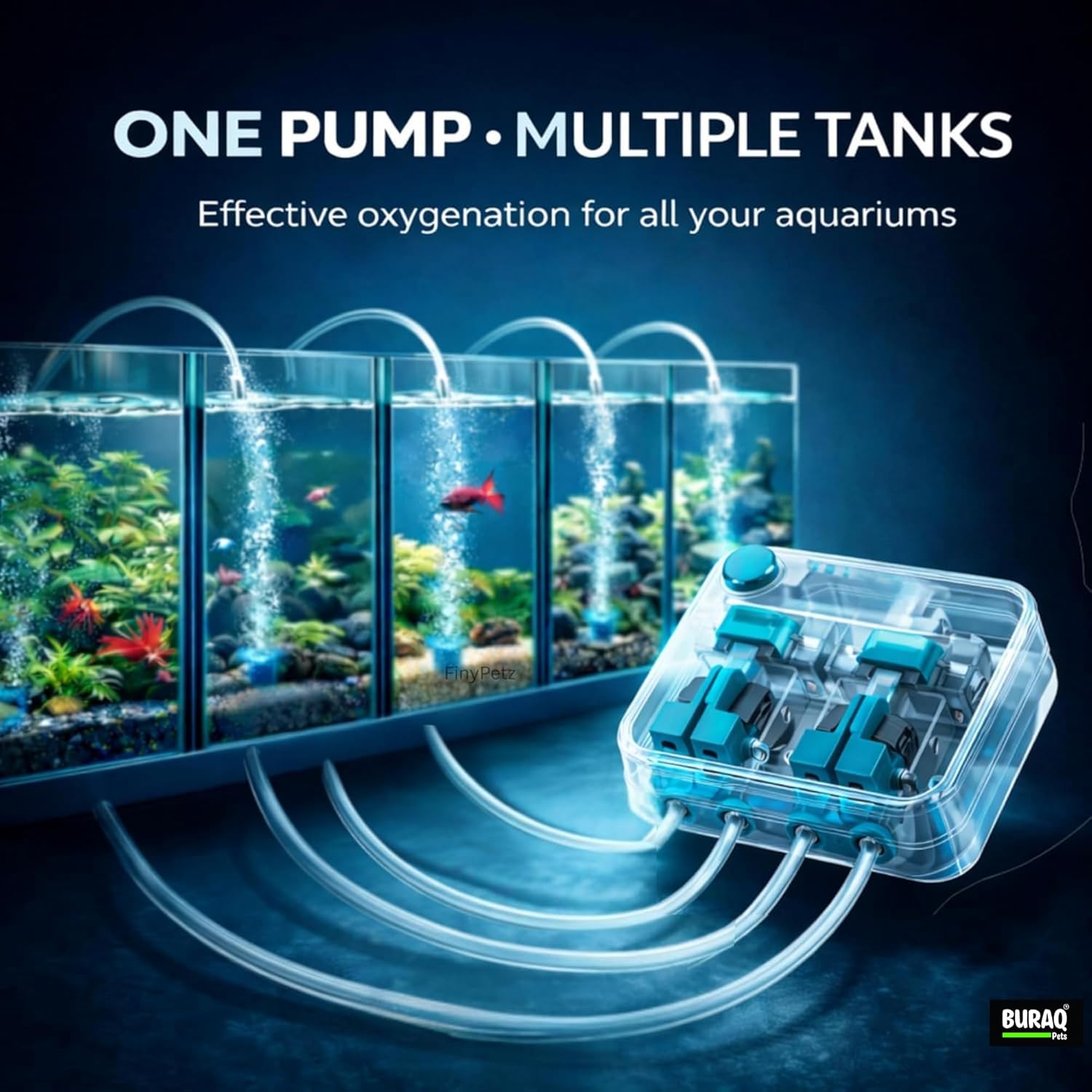 Ultra Silent Aquarium Air Pump 4 Way Multi Outlet with Adjustable Airflow for Fish Tanks - BURAQ PETS