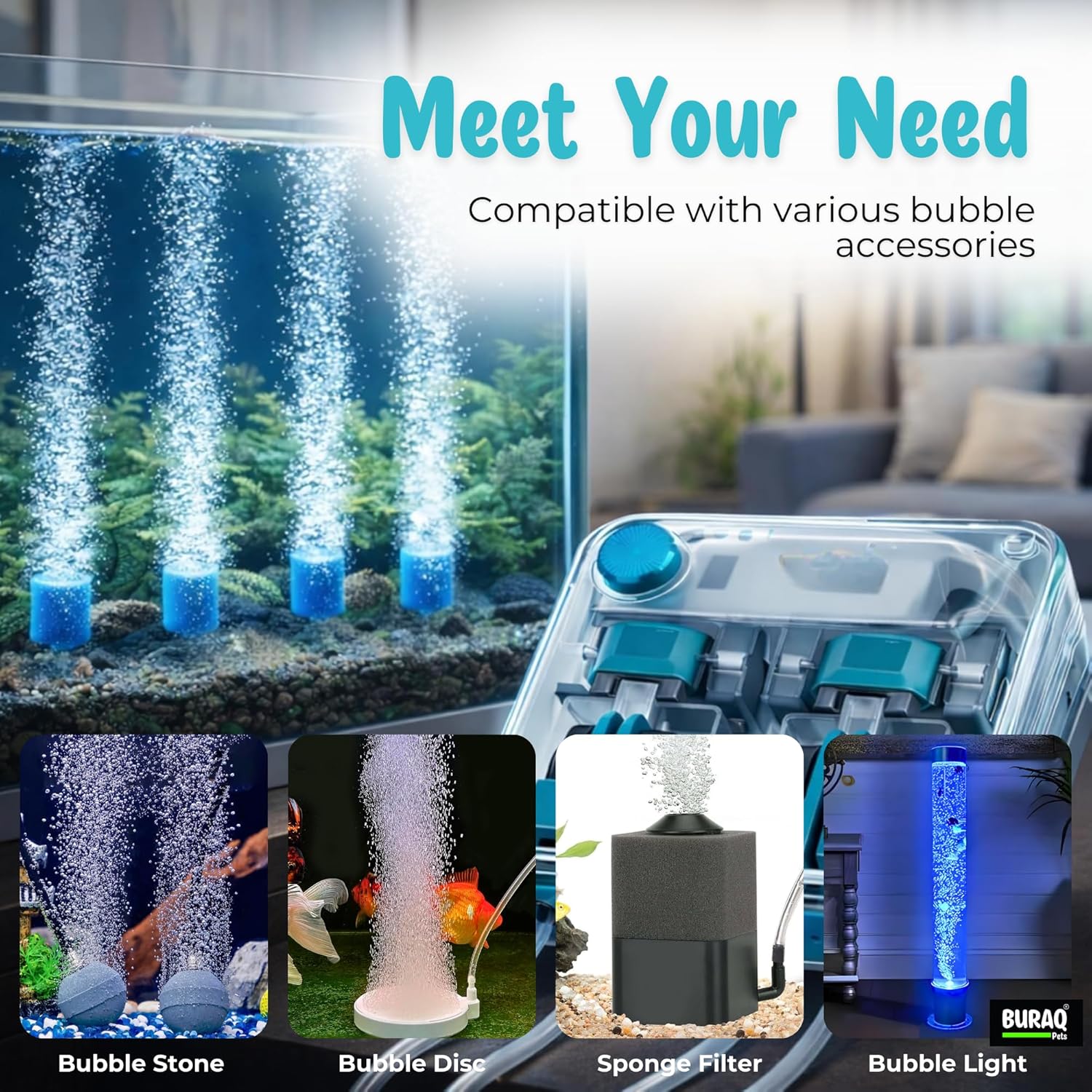 Ultra Silent Aquarium Air Pump 4 Way Multi Outlet with Adjustable Airflow for Fish Tanks - BURAQ PETS