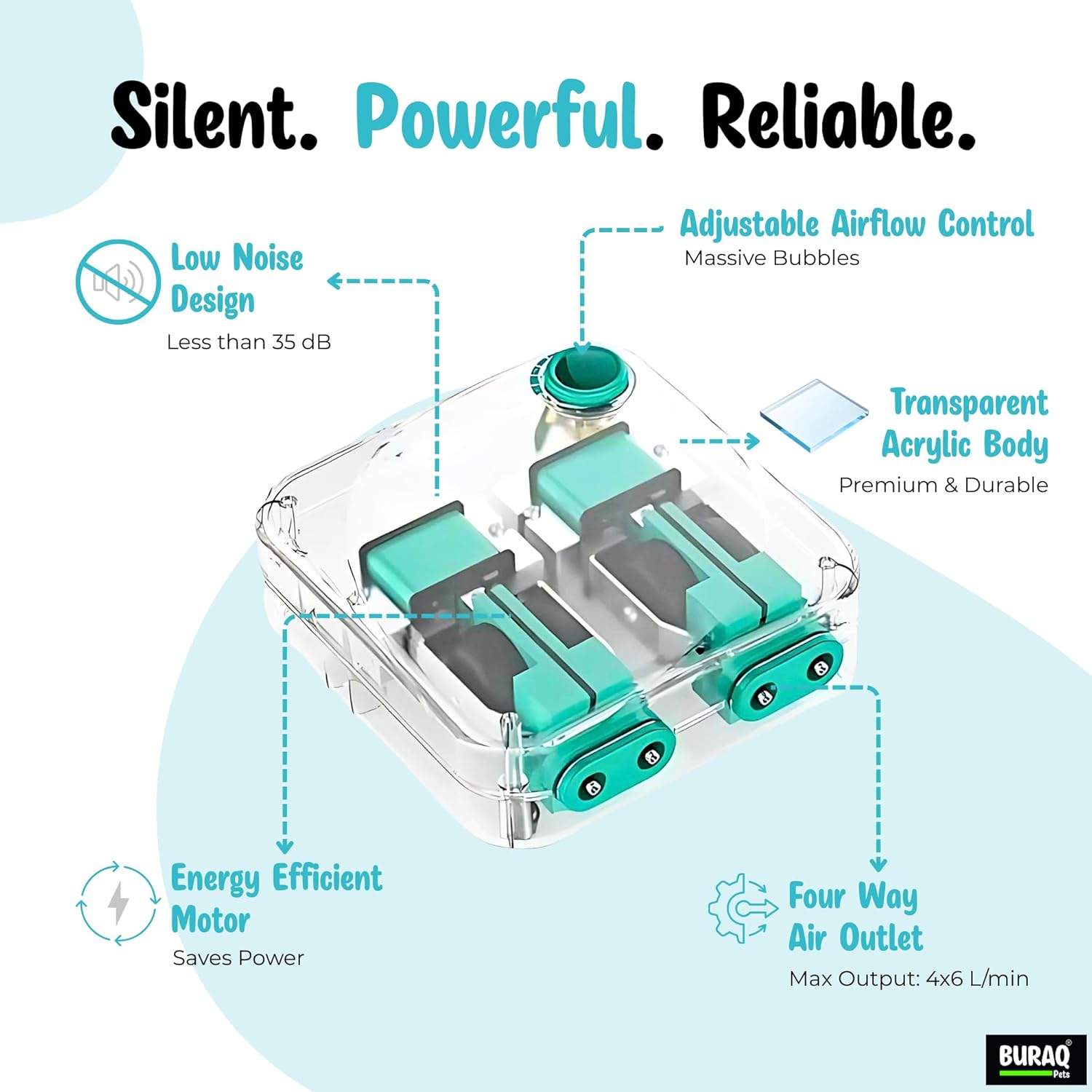 Ultra Silent Aquarium Air Pump 4 Way Multi Outlet with Adjustable Airflow for Fish Tanks - BURAQ PETS