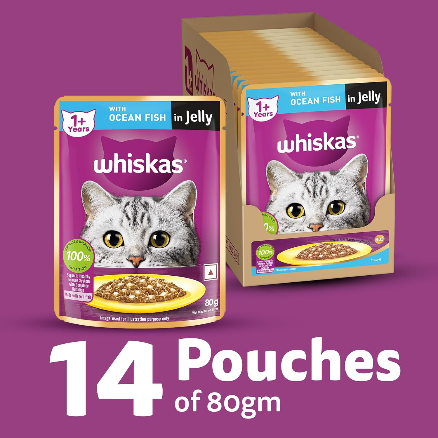 Whiskas Adult Jelly ( Flavour - Tuna | Ocean Fish ) Pack Of 14 - 80 g - BURAQ PETS